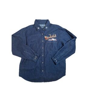 New Cabin Creek MEDIUM Christmas Holiday Cotton Denim Button Up Shirt Vintage
